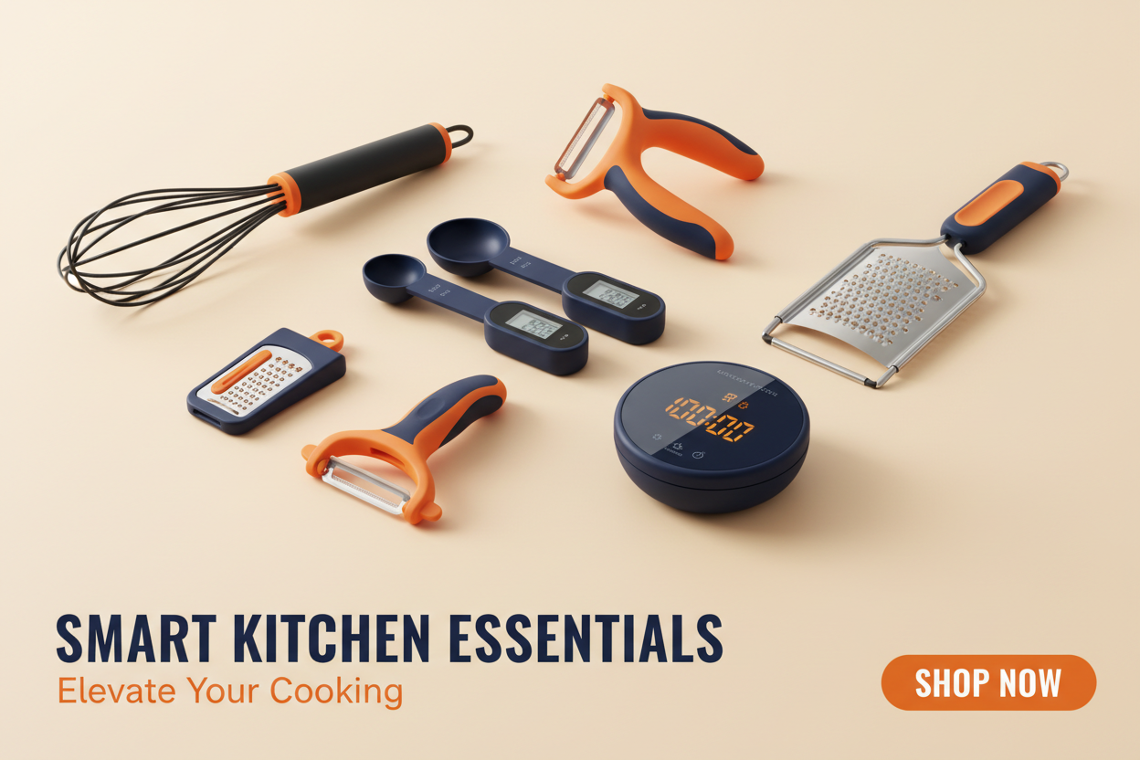  Kitchen Gadgets Collection | Smart & Useful Tools   #f58611
#1a3d6d
#FFF4E6
 